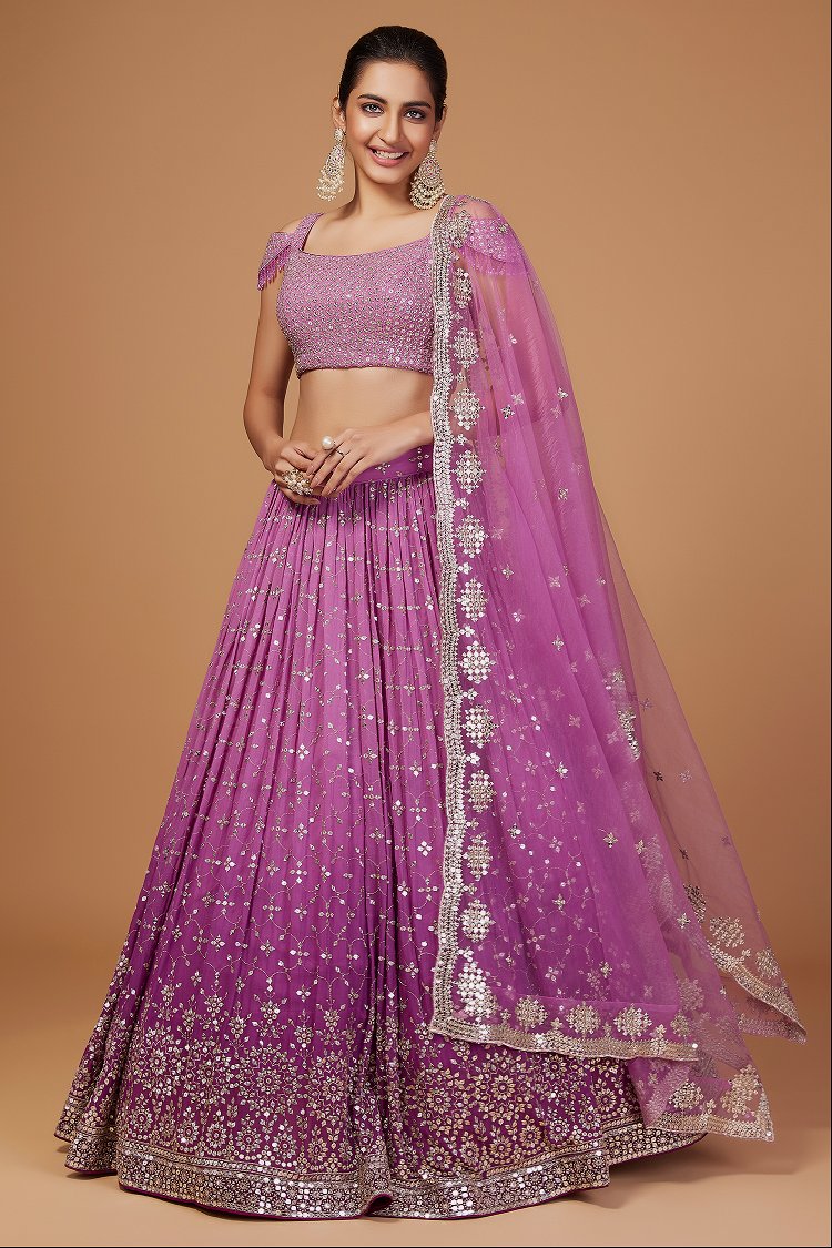 Purple Shaded Georgette Flared Lehenga with Sequins
