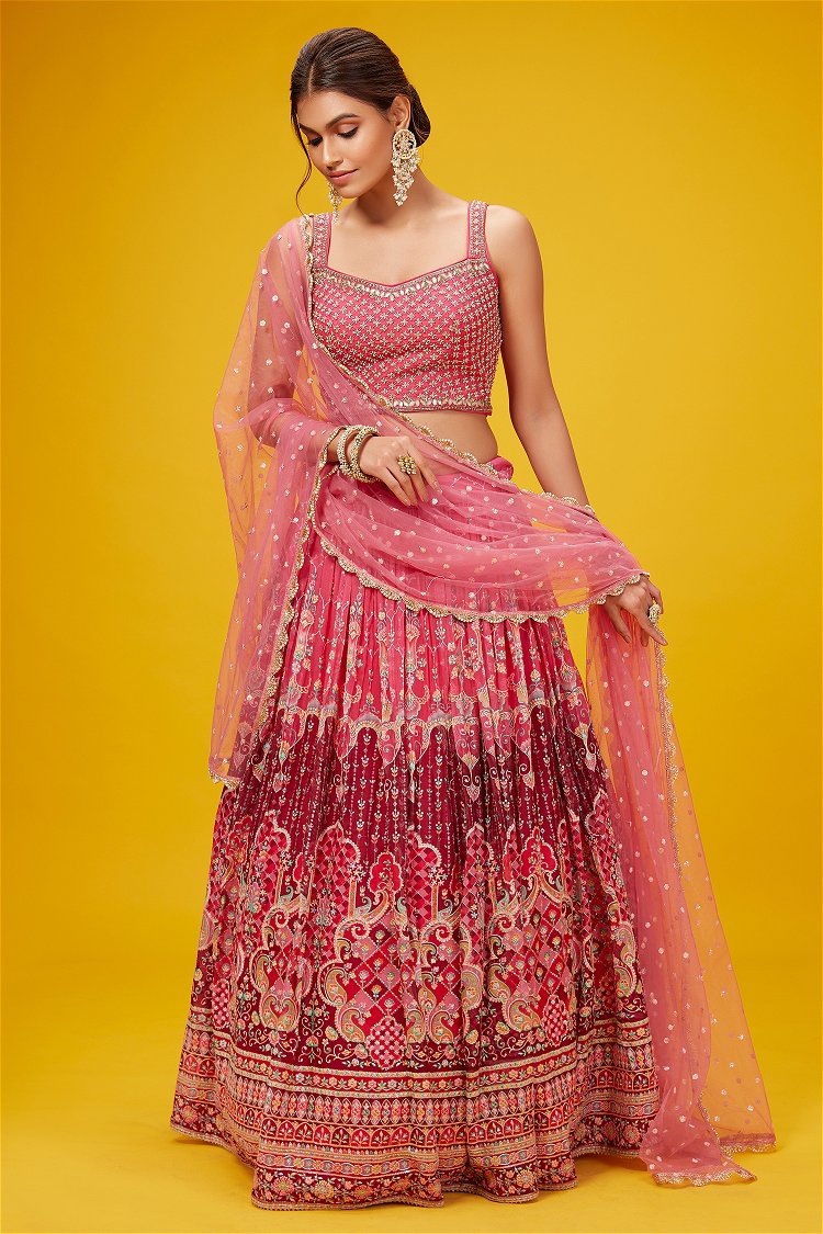 Pink Georgette Flared Lehenga with Embroidery