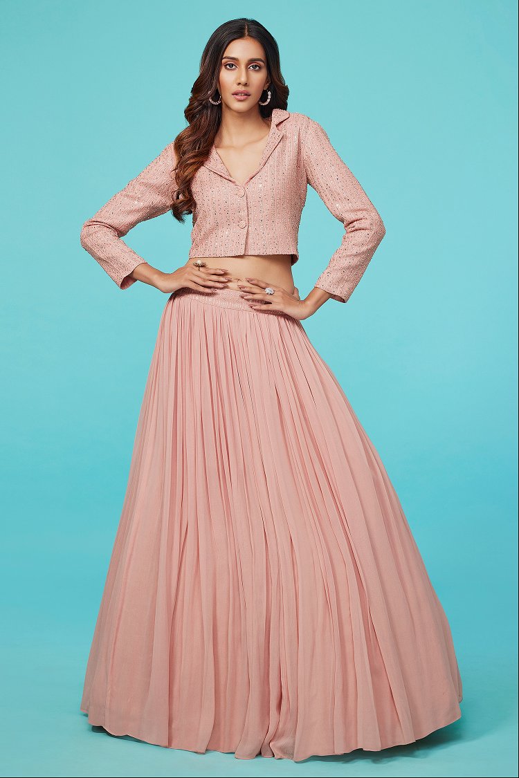 Melba Peach Pleated Georgette Lehenga with Sequin and Applique Work Crop Top