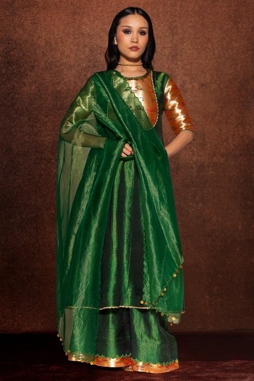 Green Anarkali Woven Paithani Suit in Kanchipuram Silk