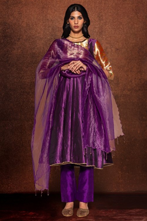 Purple Anarkali Woven Paithani Suit in Kanchipuram Silk
