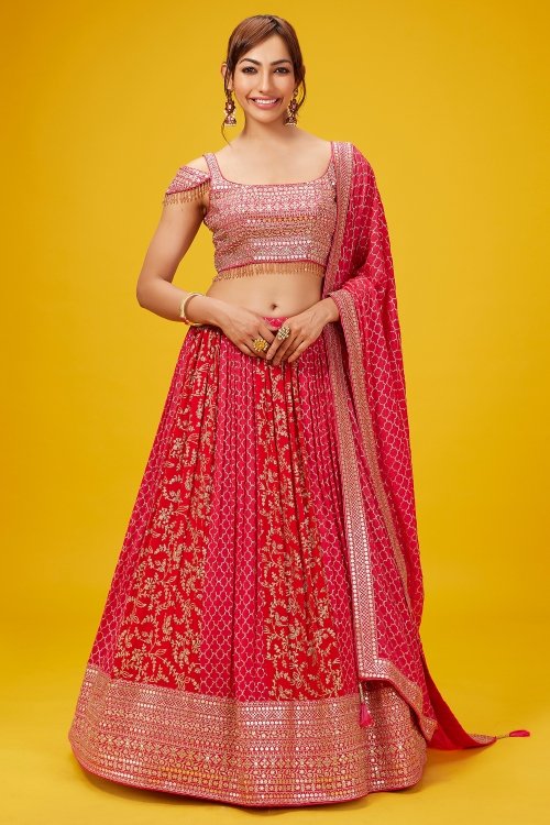 Pink and Red Georgette Flared Sequinned Lehenga