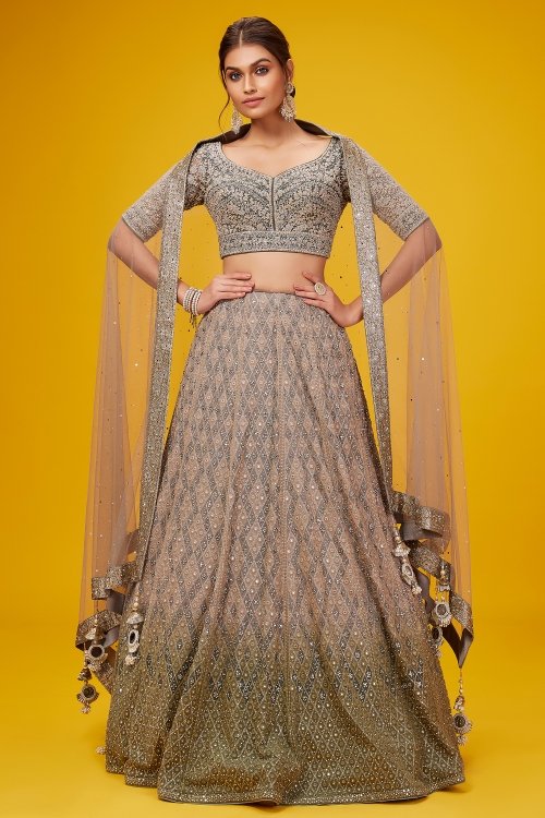Olive Green Georgette Applique Worked Lehenga