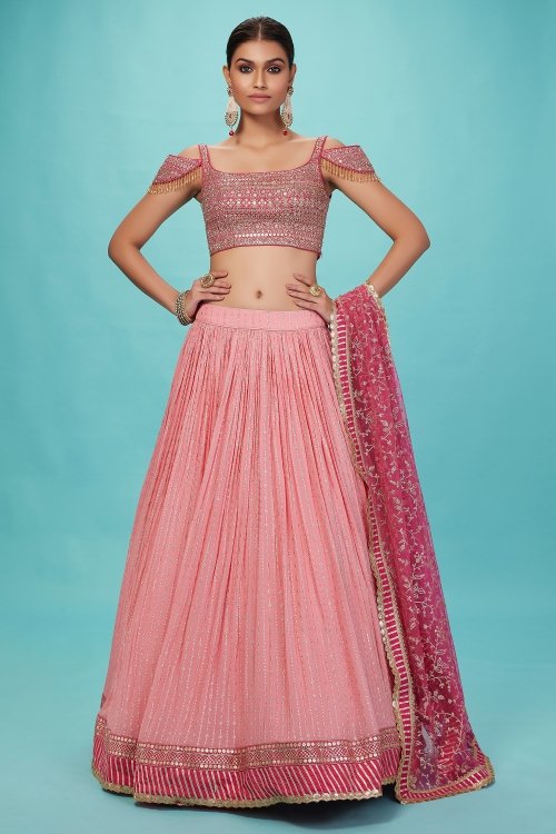 Pink Georgette Flared Sequinned Lehenga
