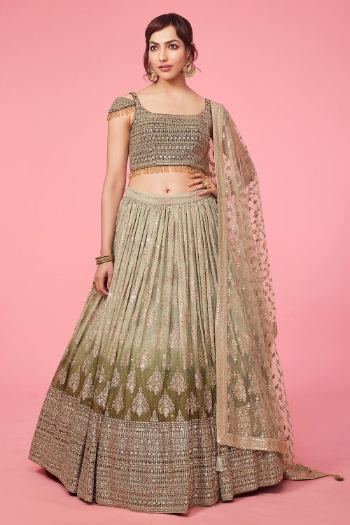 Deep Lichen Green Ombre Lehenga in Georgette with Embroidery