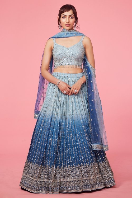 Blue Ombre Sequinned Flared Lehenga in Georgette