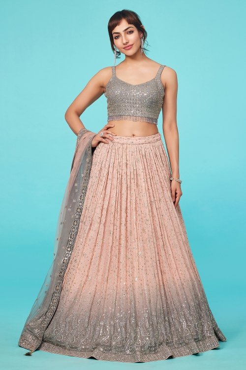 Tropical Peach and Grey Flared Georgette Lehenga with Sequin