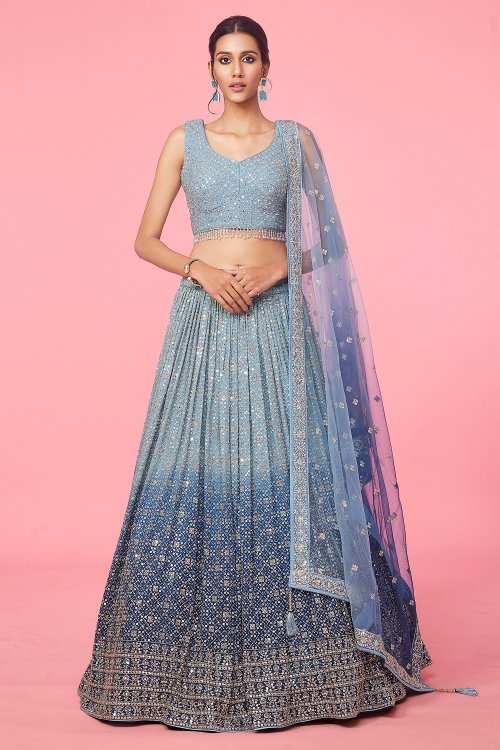 Blue Ombre Flared Georgette Lehenga Set in Sequin and Applique