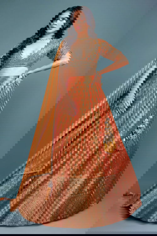 Rust Orange Tissue Zari Weaving V Neckline Lehenga