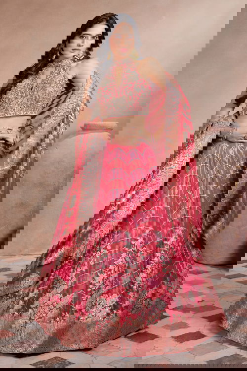 Red Tissue Scalloped and Zari Weave Lehenga with Halter Neck Blouse