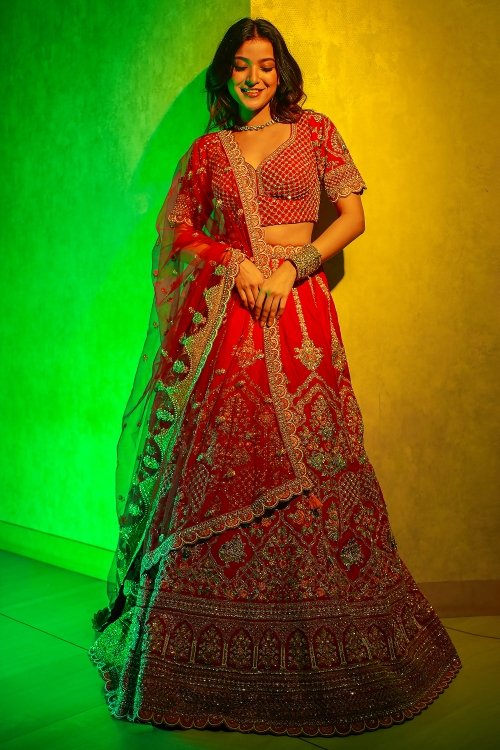 Red Raw Silk Heavy Bridal Lehenga with Peacock and Floral Motifs