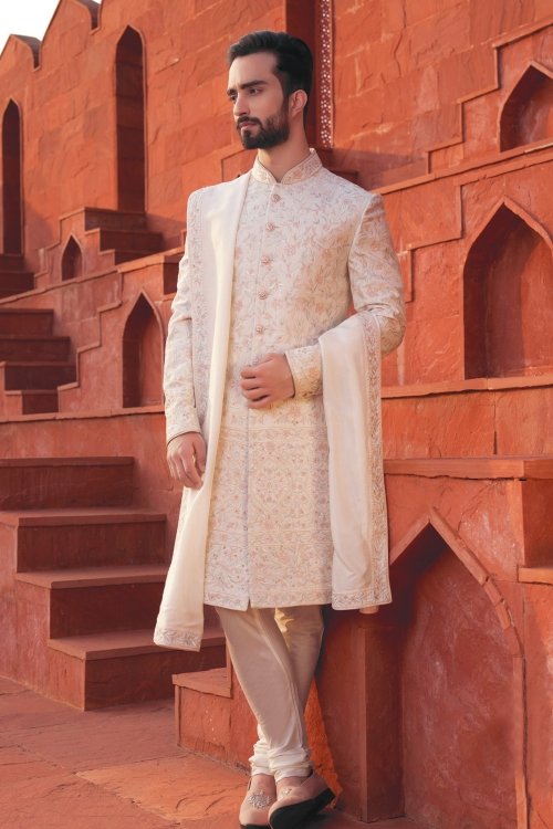 Pearl White Sherwani Set in Silk with Floral Embroidery