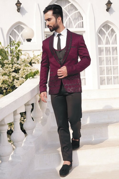 Wine Purple Imported Suit with Sequins and Embroidery Work
