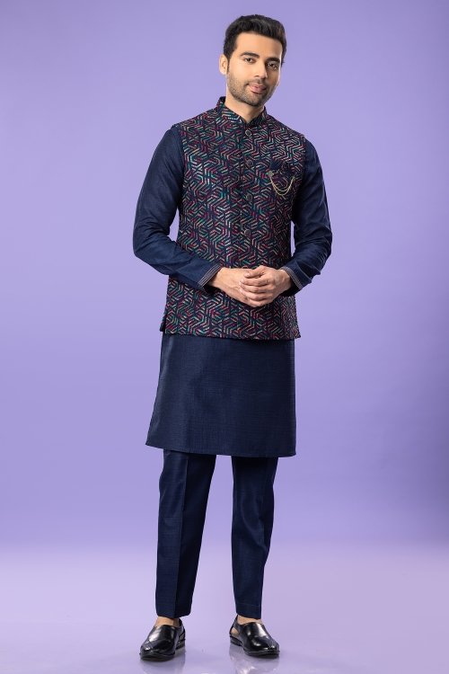 Navy blue kurta shop pajama with jacket