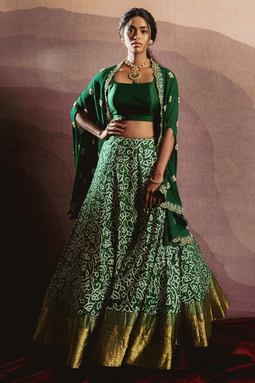 Green Satin Silk Bandhej Print Lehenga with Jacket