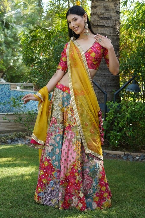 Yellow and Pink Embroidered Lehenga - Indian Heavy Anarkali Lehenga Gowns  Sharara Sarees Pakistani Dresses in USA/UK/Canada/UAE - IndiaBoulevard