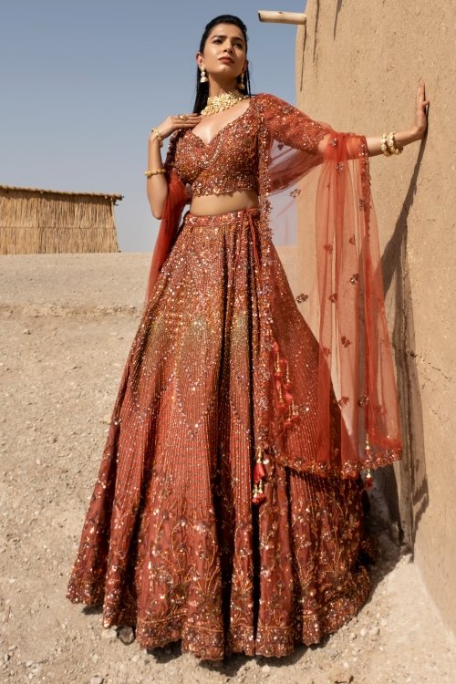 Pakistani Lehenga Choli for Bride in Copper Gold Color – Nameera by Farooq