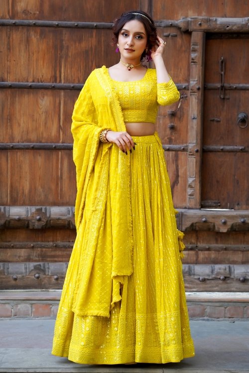 Bright Yellow Flared Lehenga in Georgette with Embroidery and Sequins Work