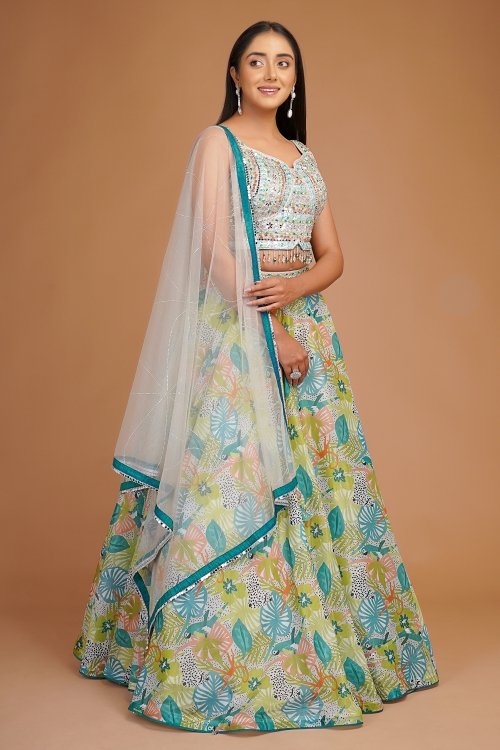 Off White and Light Green Printed Lehenga in Organza with Floral and Bird Motifs