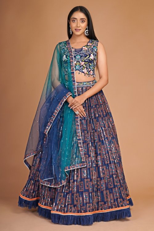 Prussian Blue Flared Printed Lehenga in Satin with Embroidered Blouse