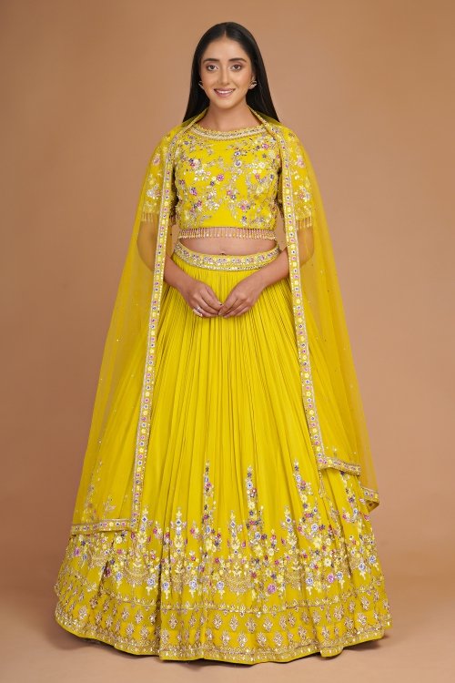 Yellow Flared Floral Embroidery Lehenga in Georgette with Embellished Blouse