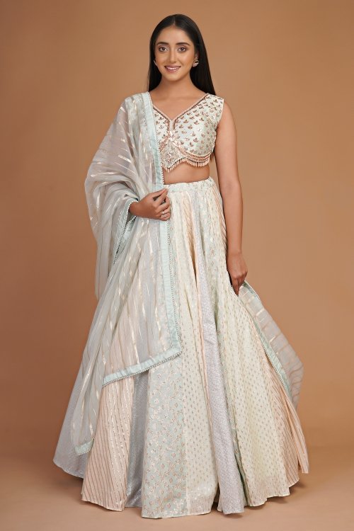 Two Toned Mint Green Woven Lehenga in Jacquard with Cutdana Work Blouse