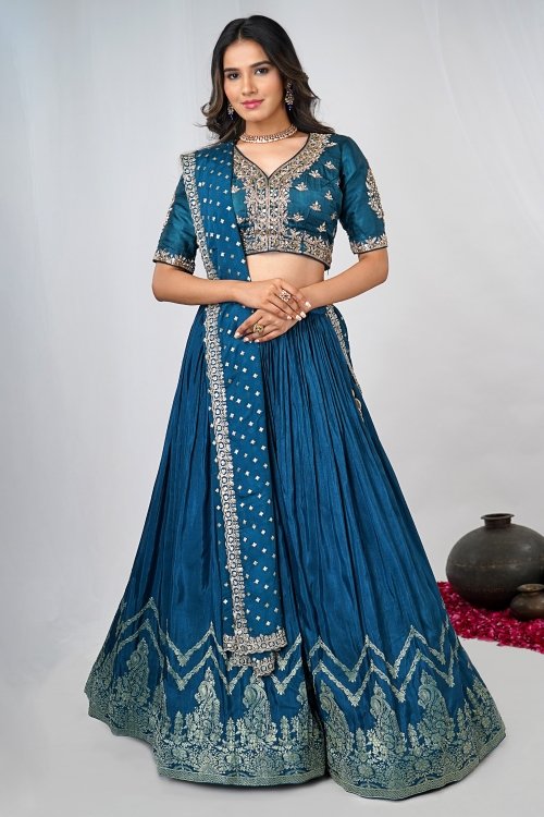 Rama Blue Traditional Lehenga in Chinon Silk with Woven Border and Paisley Motifs