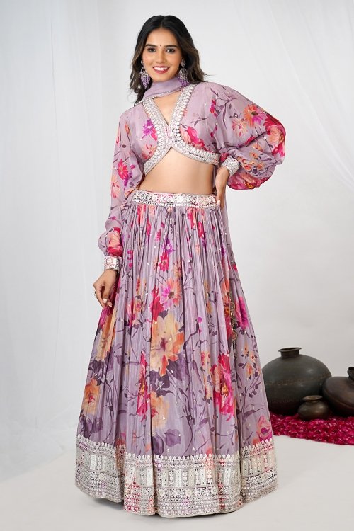 Light Purple Floral Printed Lehenga in Chinon Silk with Balloon Sleeved Blouse