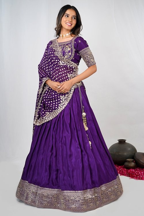 Violet Purple Pleated Lehenga in Chinon Silk with Woven Border