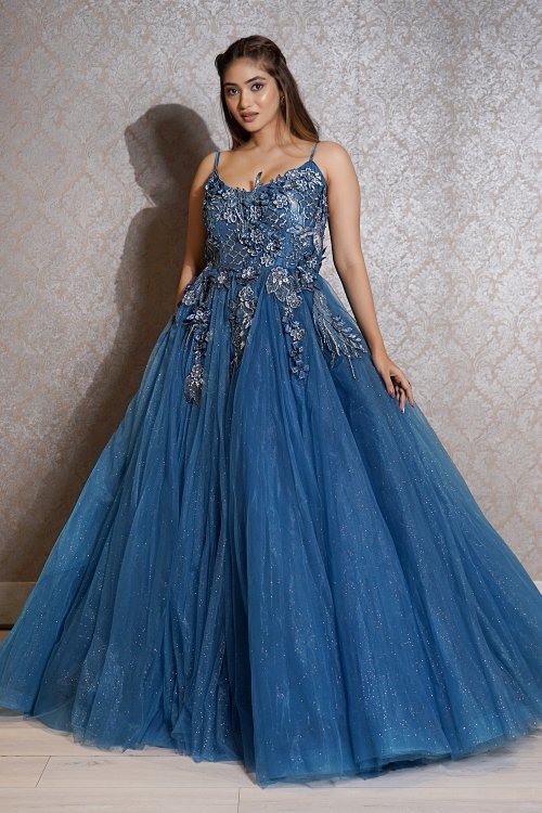 Blue Flared Designer Gown in Net with 3D Patch Work