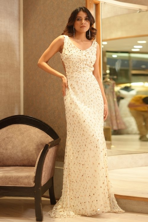 Pearl White Embellished Beads and Sequins Work Gown in Net