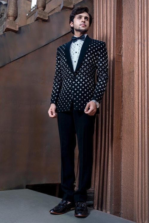 Black and Pearl White Imported Tuxedo Suit with Bow Tie