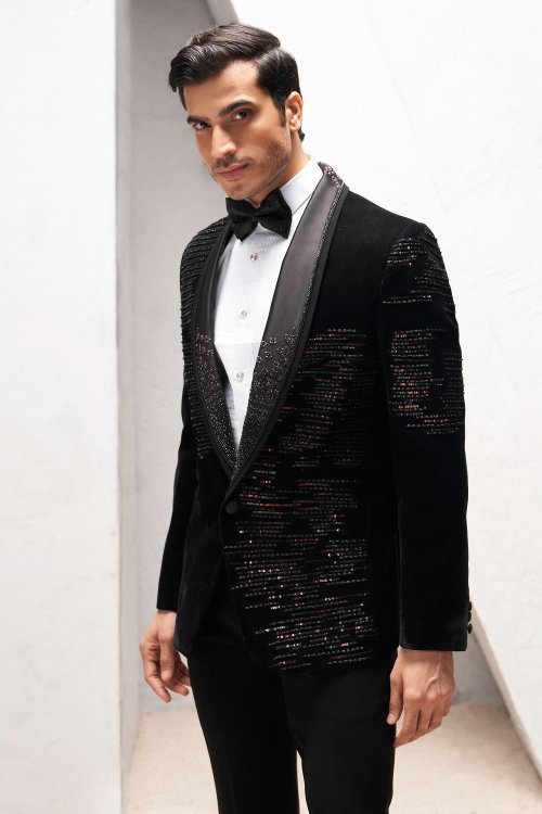 Black Velvet Imported Tuxedo Suit with Sequins and Cutdana Work