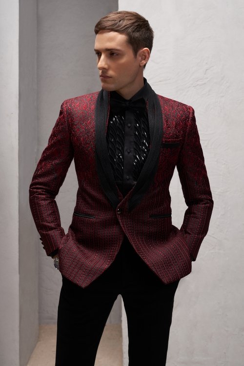 Maroon Imported Tuxedo Suit with Embroidery