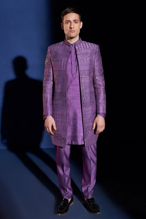 Lilac Purple Raw Silk French Knot and Cutdana Work Jacket Set