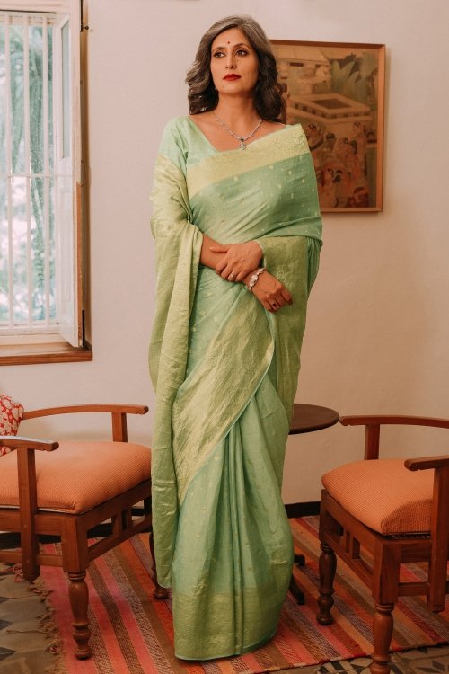 Sage Green Tussar Silk Saree with Weaving