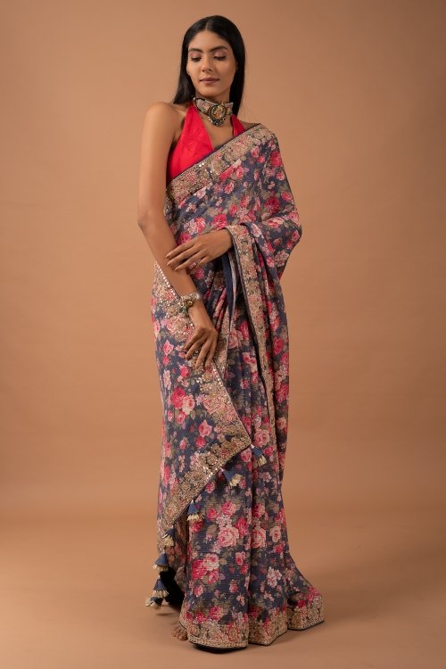 Blue Silk Floral Printed Saree with Sequins