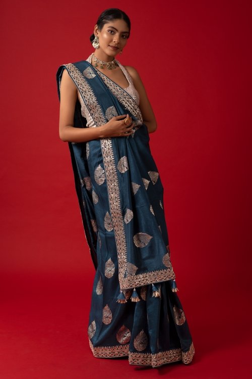 Rama Blue Art Silk Saree with Woven Butts
