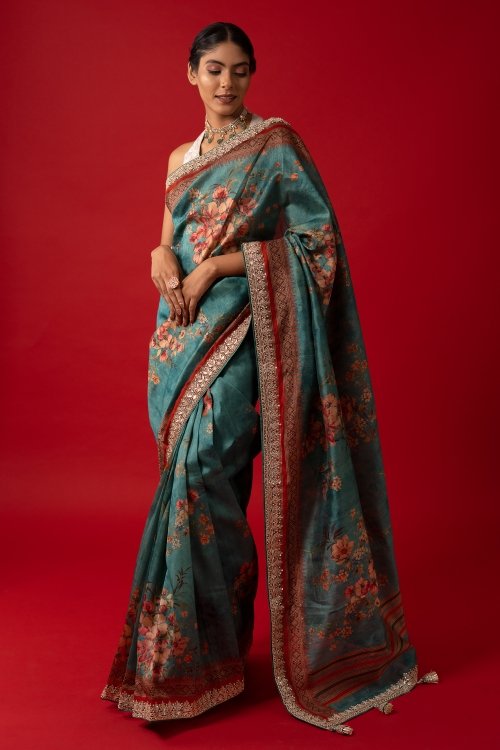 Teal Green Art Silk Floral Printed Saree