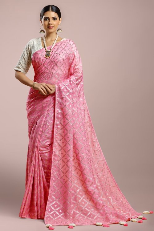 Pink Art Silk Checks Woven Saree