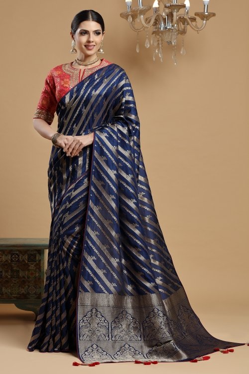 Blue Handloom Art Silk Leheriya Woven Saree
