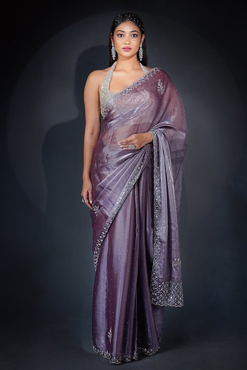 Purple Satin Organza Embellished Saree In Diamond and Cutdana