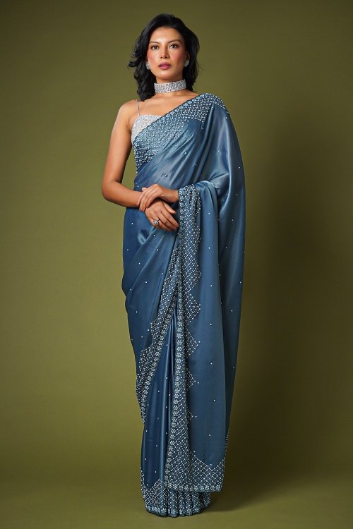 Slate Blue Saree in Satin Silk with Beads and Diamond Embellished Border