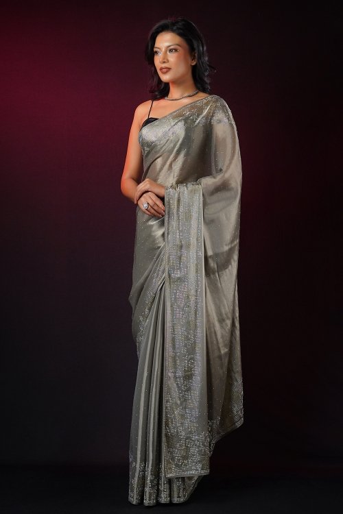 Fossli Grey Swarovski Stone Work Saree in Satin Silk