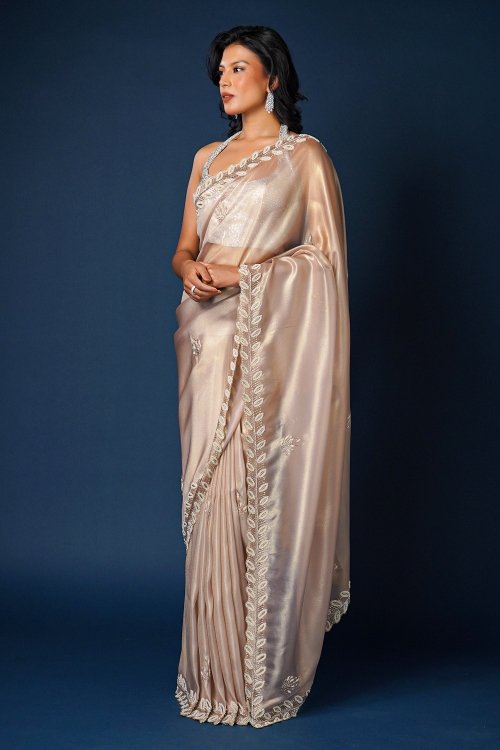 Dusty Pink Shimmer Net Saree with Pearl and Cutdana Work On The Border and Butti Design