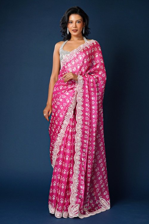 Organza Silk Floral Motifs Pink Saree in Embroidery Sequins Border