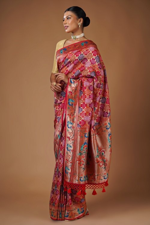 Maroon Silk Bandhej Woven Saree with Floral and Peacock Motifs