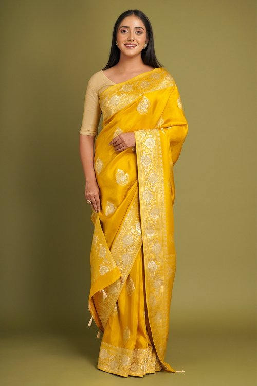 Mustard Traditional Floral Woven Saree in Art Silk
