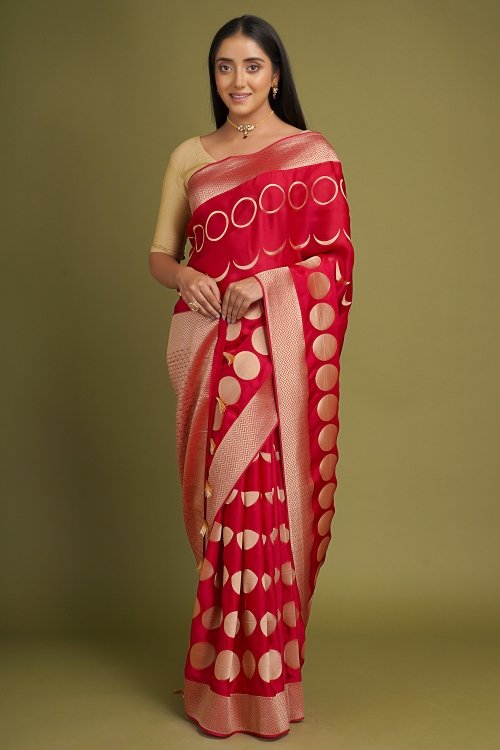 Pink Woven Saree in Satin Silk with Chevron Design Border