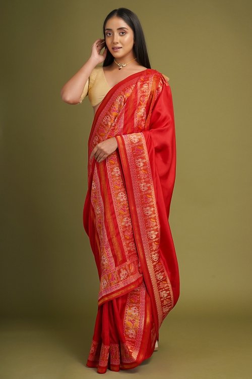 Red Traditional Patola Woven Border Saree in Art Silk